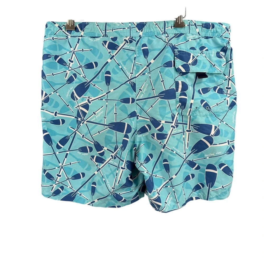 Vineyard Vines Swim‎ Trunks Medium Blue Oar Print Mesh Lined Preppy Resortwear